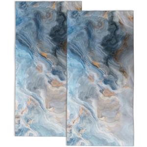 Blue Grey and Gold Marble Hand Towels for Bathroom Set of 2,Abstract Texture Bath Towels Art Decorative Soft Bathroom Towels for Kitchen Guest Gym Spa 14x28in,Blue Grey and Gold Marble