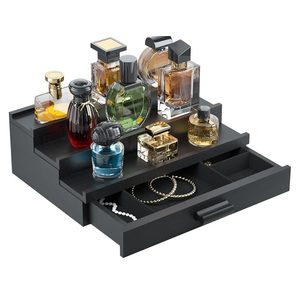 Perfume Cologne Organizer for Men: 3 Tier Wooden Perfumes Stand, Desktop Parfum Holder Wood Display Shelf with Cabinet, Bedroom Dresser Makeup Lotion Jewelry Storage Rack with Drawer