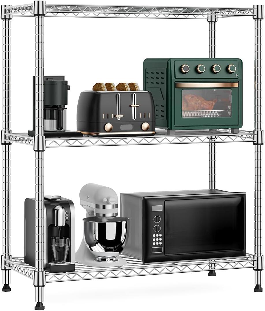 750 lbs 3 Tier Storage Rack Metal Wire Shelving Unit, Storage Standing Shelf Organizer for Laundry Bathroom Kitchen Pantry Closet Garage Basement Utility Room, Chrome 13.8" D x 29.5" W x 35.5" H (3 tier 13.8" D x 29.5" W x 35.5" H)