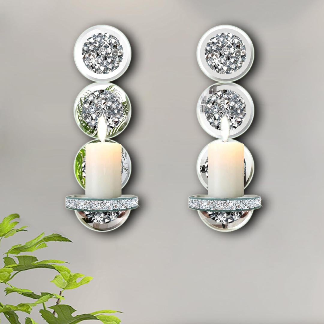 Set of 2 Crystal Crush Diamond Candle Sconces, Gorgeous Silver Mirrored Wall Sconce, Round Candle Holder Glass Wall Decorations for Home Dcor, Living Room, Dining Room.