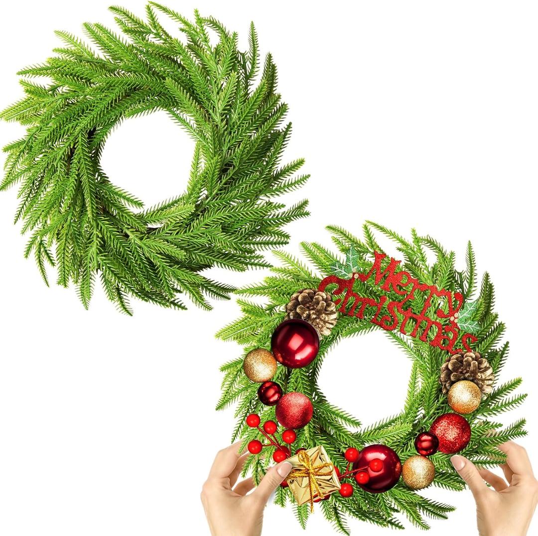 2 Pcs Christmas DIY Gree Wreath 10 Inch Green Artificial Wreaths DIY Faux Plain Wreaths Front Door Green Farmhouse Cabinets Wreath Indoor Outdoor Wall Decor(Norfolk Pine)