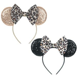 2 Pcs Mouse Ears Headbands - Sequin Bow Mouse Ears Suitable for Daily Wear, Amusement Park Trips, Variety Holiday Parties, Role Play and Accessories (Leopard Color)