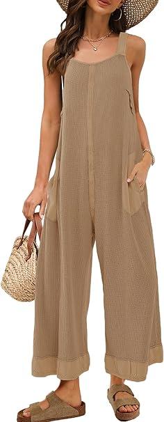 Panadila Womens Waffle Knit Jumpsuit Casual Wide Leg Jumpsuits Oversized Long Rompers Open Back Loose Overalls M