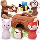 Baby Toys 6-12 Months, Stuffed Animals for Babies, Soft Plush Forest Sensory Toy Set with Rattle, Crinkle, Mirror and Tree Stump Storage, Cause and Effect Baby Boy Girl Gifts