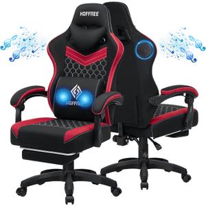 HOFFREE Gaming Chair Computer Chair Fabric with Speakers Massage Game Chair with Footrest Bluetooth Ergonomic Gamer Chairs with Lumbar Support Reclining Gaming Chairs for Adults Red and Black