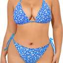 Tempt Me Women Plus Size Triangle Bikini String Two Piece Halter Tie Side Swimsuit (Blue Floral) 20 Plus