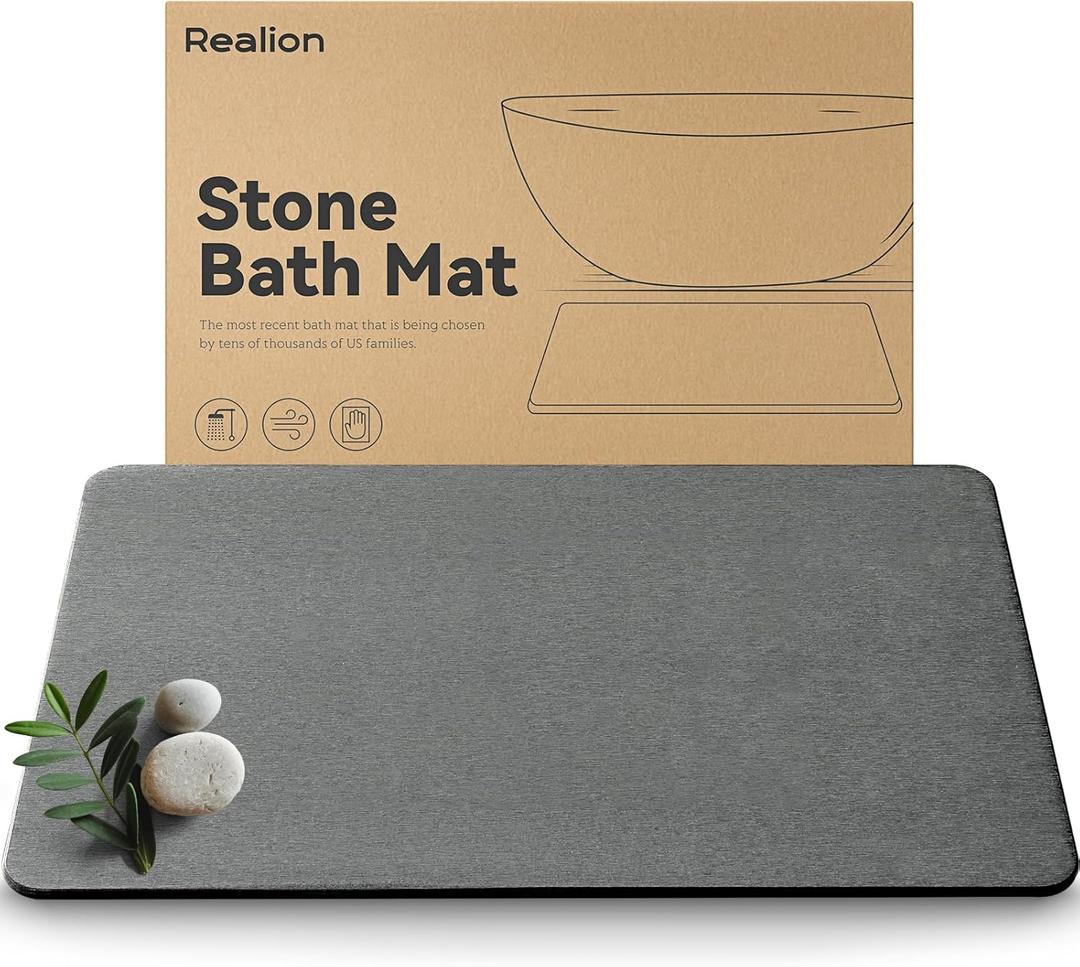 Stone Bath Mat, Dries Quickly, Non-Slip Diatomaceous Earth Bath Mats for Bathroom, Super Absorbent Stone Shower Mat, Easy to Clean, 23.5" x 15.5" Dark Gray