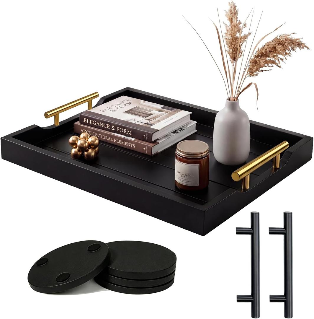 Wood Serving Tray with Metal Handles, 17x13in Large Wooden Tray for Ottoman, Coffee Table, Breakfast, Dinner & Bar, Decorative Tray for Living Room, Bedroom, Bathroom and Kitchen, Black