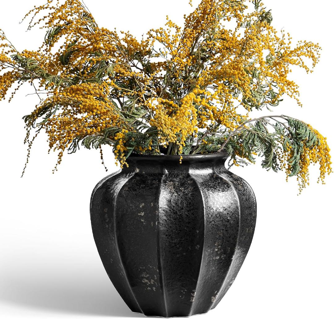 LE TAUCI 11" Ceramic Vase, Artisan Large Black Ceramic Vase for Modern Home Decor, Substantial & Stable, Handcrafted Flower Vase, Living Room & Dining Room Table Centerpiece, Distressed Iron Black