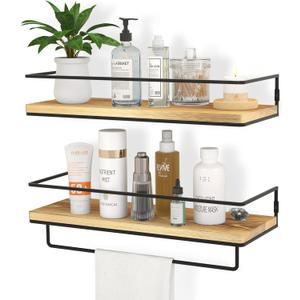 ZGO Floating Shelves for Wall Set of 2, Wall Mounted Storage Shelves with Metal Frame and Towel Rack for Bathroom, Kitchen, Bedroom(Wood)