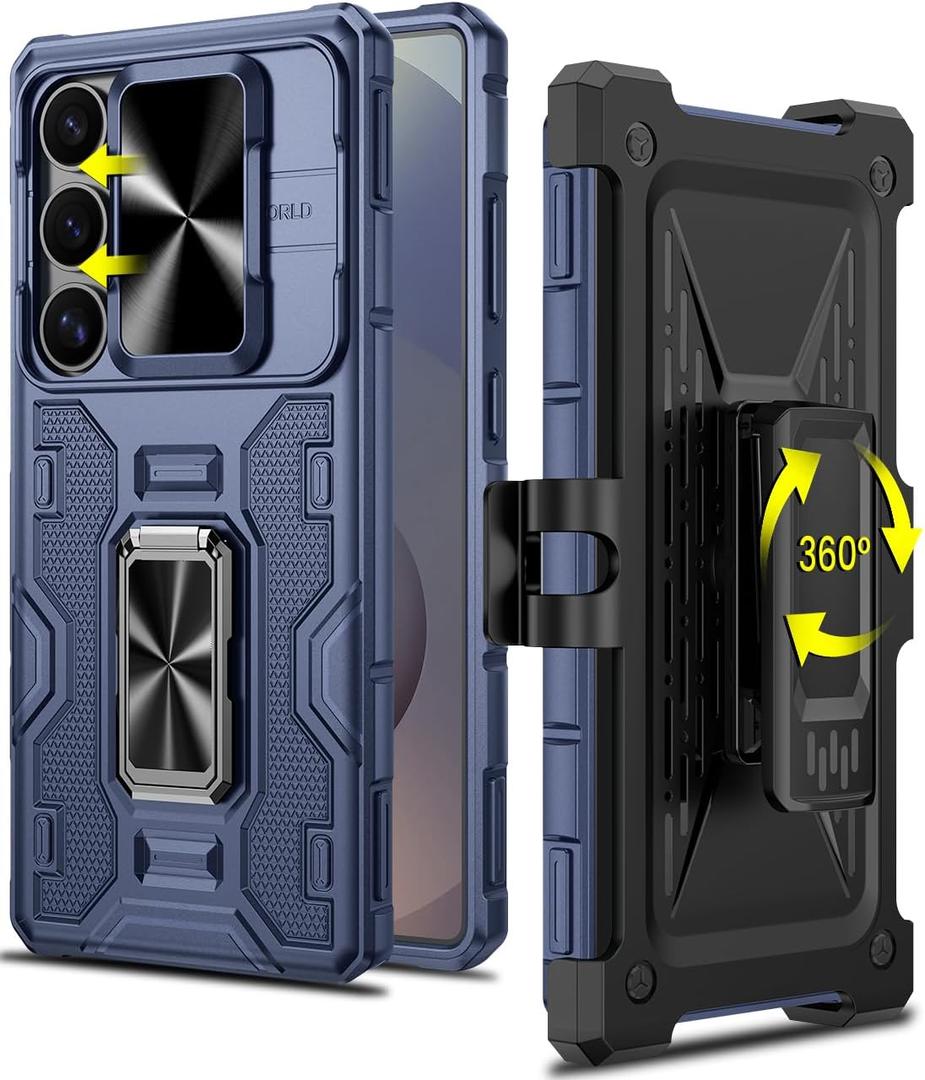 Caka for Samsung Galaxy S25 Ultra Case with Belt Clip Holster Slide Camera Cover Built-in 360 Rotate Ring Holder Stand Heavy Duty Shockproof Protective S25 Ultra Case 2025, Blue