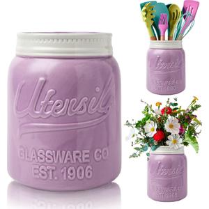 Comfify Wide Mouth Mason Jar Utensil Holder Decorative Kitchenware Organizer Crock, Dishwasher Safe - Kitchen Caddy Purple, Large Size 7" Hight