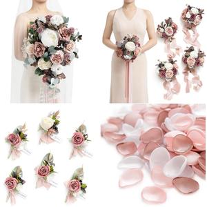 Ling's moment Wedding Artificial Flowers Package, Bridal Bouquet, Bridesmaid Bouquets, Boutonniere for Men, Rose Petals.Dusty Rose Muave
