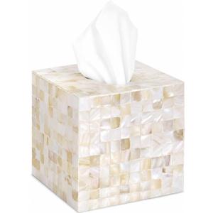 PEMAR Handcrafted Wooden Tissue Box Cover for Small Cube Tissue Boxes Only (Max Inner Size 4.7)  Mother of Pearl Inlay Decorative Tissue Holder for Bathroom, Living Room & Office (White Sand)