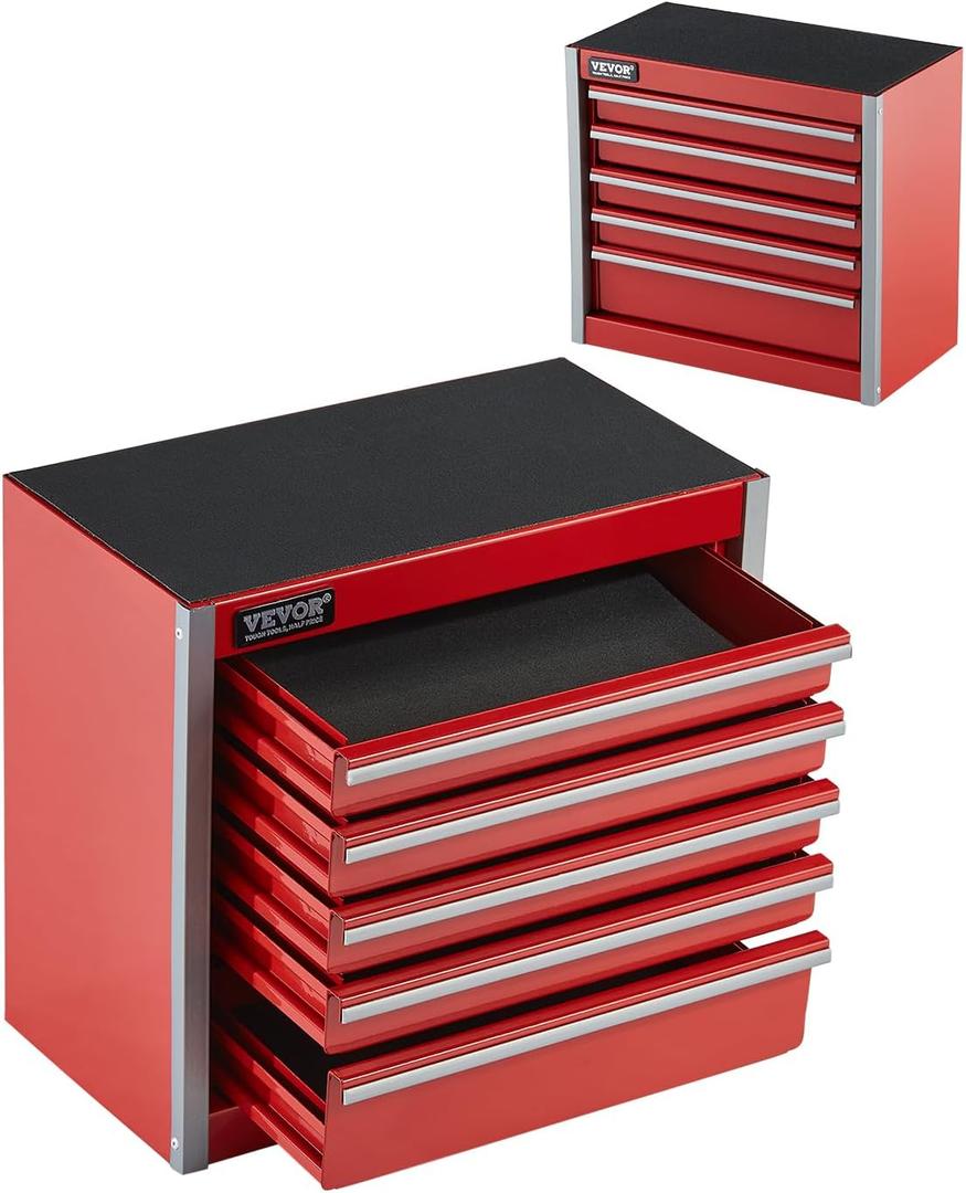 VEVOR Metal Tool Box, 8.6-inch, Portable Metal Tool Box with 5 Drawers, Small Tool Chest with EVA Liners and PP Feet Pads, Heavy-Duty Steel With Ball Bearing Opening and Powder Coated Finish, Red