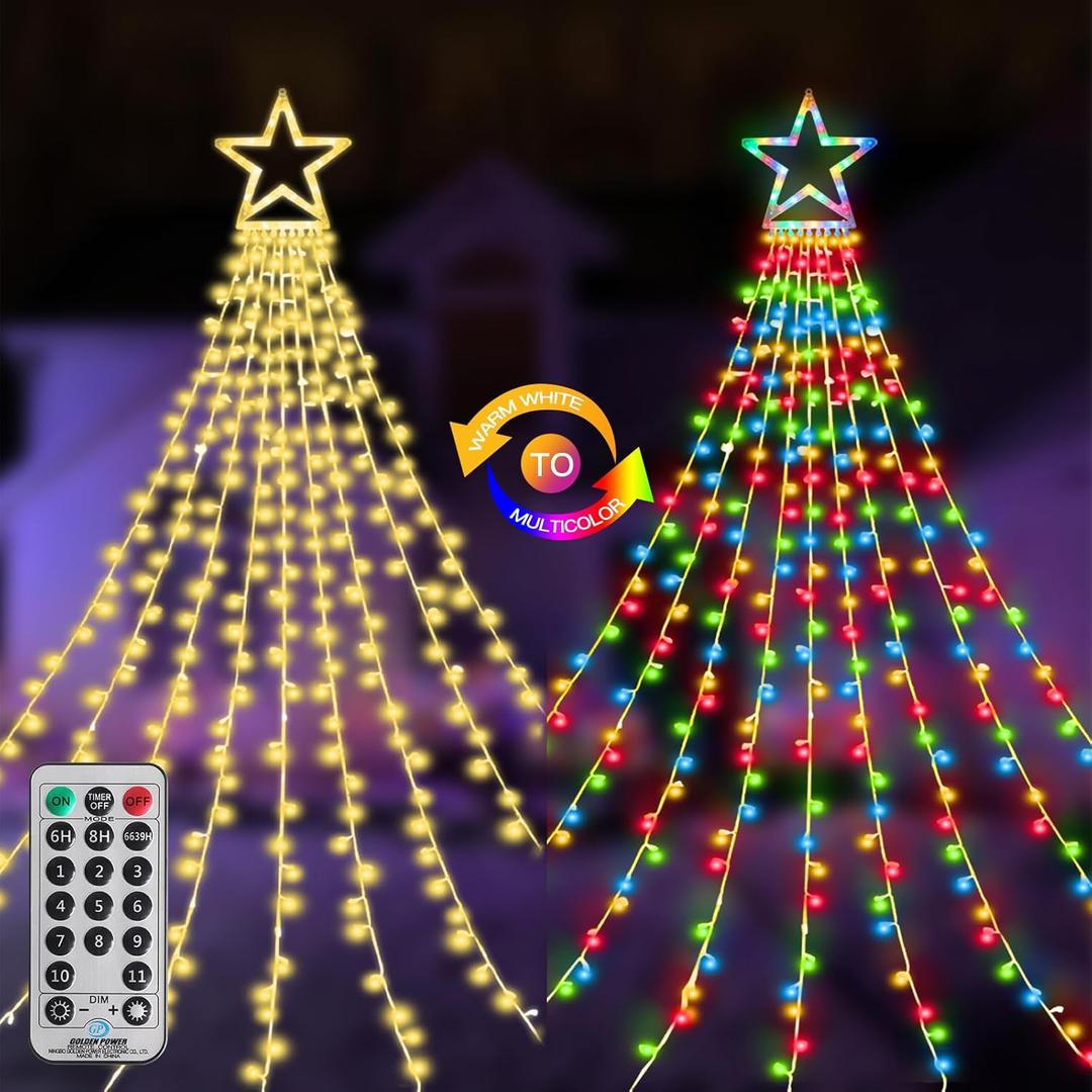 Christmas Decoration Lights 320 LED Color Changing Outdoor Star String Lights Waterproof Waterfall Christmas Lights 11 Light Modes, Remote & Timer [Warm White & Multicolor]