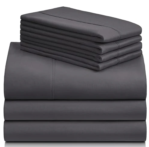 LuxClub 7 PC Split King Sheet Set, Breathable Luxury Bed Sheets, Deep Pockets 18" Eco Friendly Wrinkle Free Cooling Sheets Machine Washable Hotel Bedding Silky Soft - Dark Grey Split King