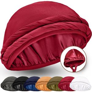 Silk Satin Lined Halo Turban Head Wrap Pre-Tied Skull Cap for Men and Women Sleeping Bonnet Hair Cover Chemo Hair Loss Hat (Red, XL)