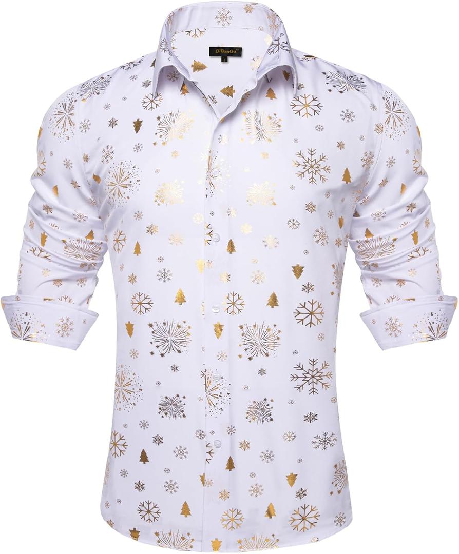 DiBanGu Christmas Shirts for Men Holiday Button Down Snowflake Dress Shirts Xmas Festival Long Sleeve Shirt for Vacation (3X-Large, White Gold)