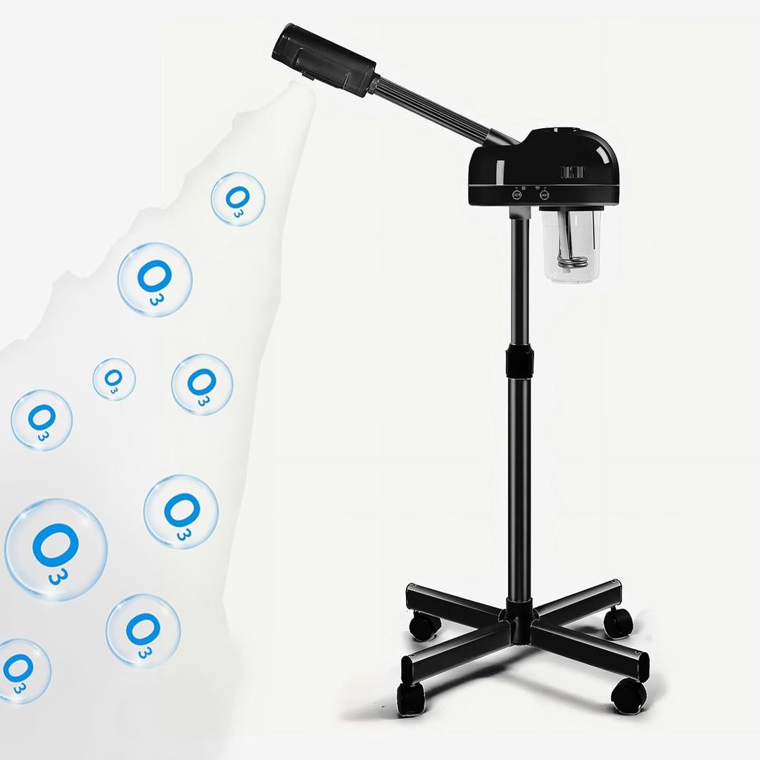 Stand Professional Ozone Facial Steamer with Touch Control, Hot Mist Function, Adjustable Height & Rolling Base, 360° Rotatable Nozzle, Use for Home, Salon SPA (Black)