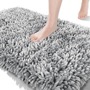 Yimobra Chenille Bathroom Rugs Non Slip, Extra Thick Soft Absorbent Bath Rug 24x17 Inch, Machine Washable Quick Dry Bath Mat for Bathroom Floor, Tub and Shower, Home Decor Accessories, Light Grey