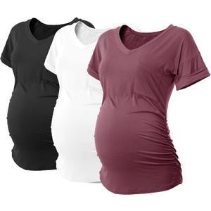 SUNNYBUY 3 Pack Womens Maternity Tops Side Ruched Maternity Shirts Pregnancy Clothes V Neck (Small, Black&white&burgundy)