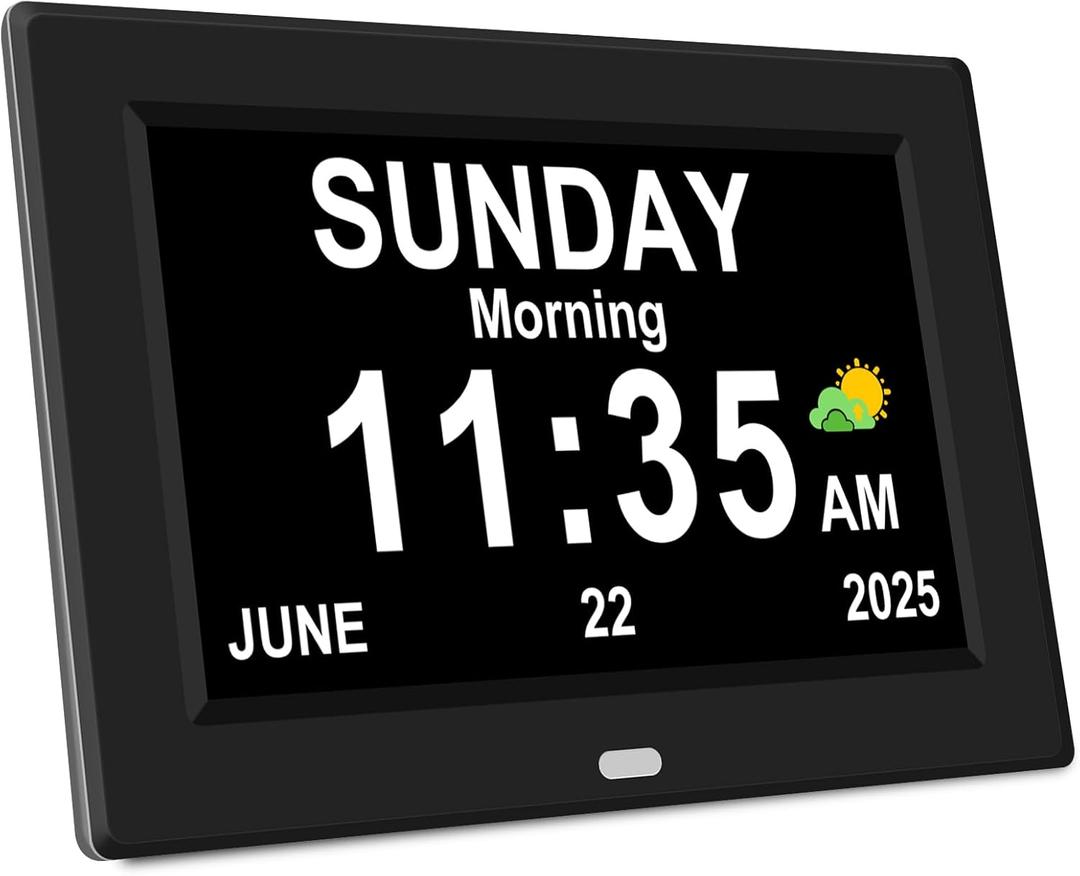 7 Digital Alarm Clock for Elderly Large Display for Seniors Electric Clocks with Date Day of Week 12 Alarms 4 Colors Desk Wall Calendar Clocks for Memory Loss Alzheimers Dementia Auto DST/Dimmer (Black)