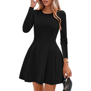 PRETTYGARDEN Long Sleeve Mini Dress for Women 2026 Spring Crewneck Knit Pleated Babydoll A Line Casual Short Party Dresses, Size S