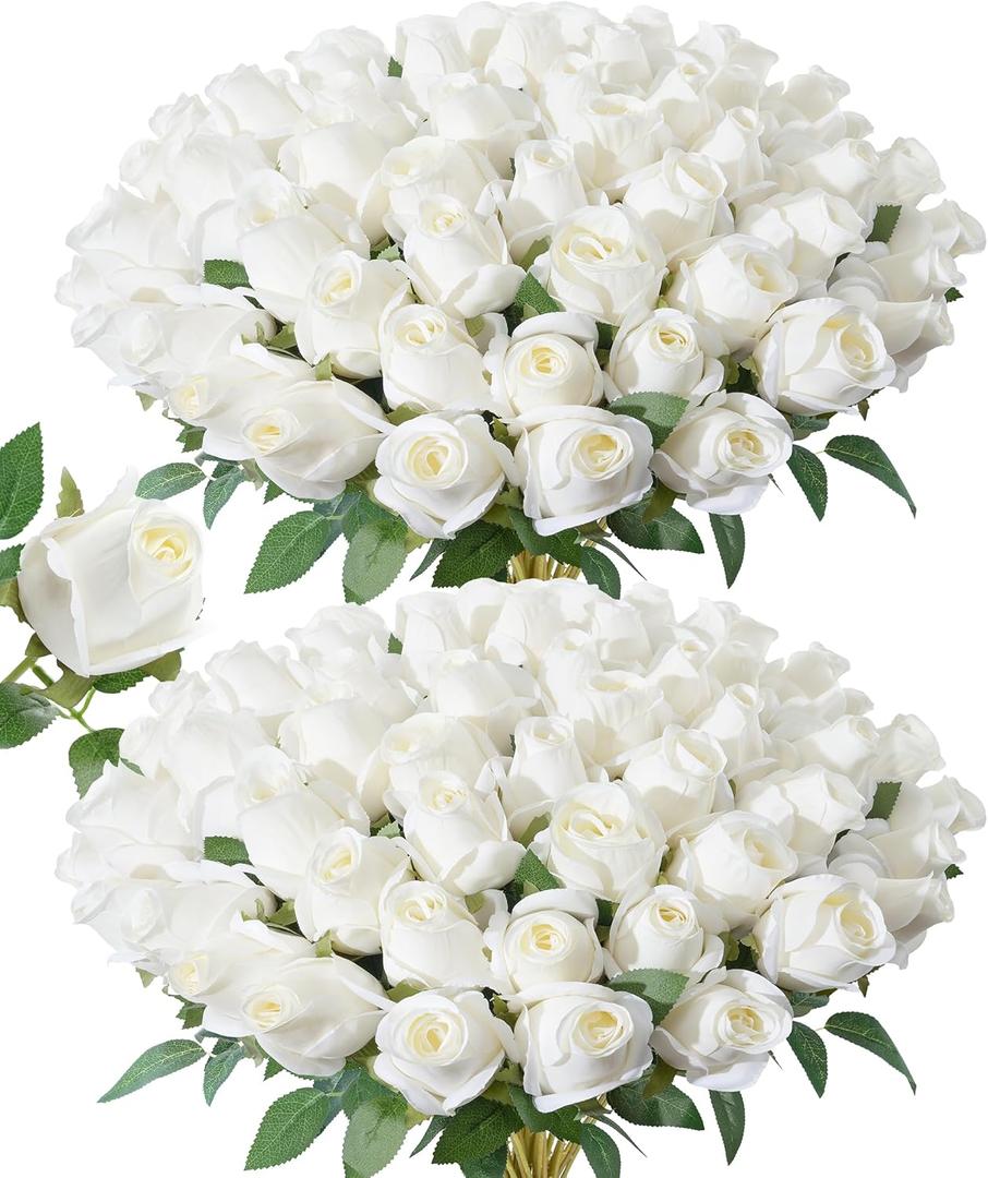 DREAMLOOM 50pcs Roses Artificial Flowers, Fake Roses Realistic with Long Stems Real Touch Silk Flowers Bouquet for Valentine's Day Wedding Anniversary DIY Floral Arrangement Gifts, White