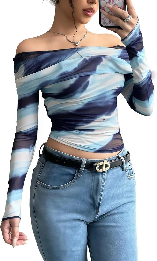 YOINS Women Off Shoulder Mesh Long Sleeve Tops Sexy Sheer See Through Shirts (Blue, S)