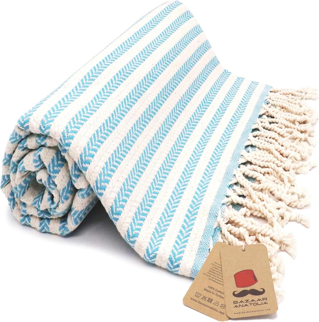Bazaar Anatolia Turkish Beach Towel 100% Cotton Bath Towels Oversized Quick Dry Boho Farmhouse Decor Sheets Bathroom Towels Sand Free Camping Blanket 71x39 inches - Arpa Turquoise (Turquoise)