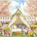 8x6ft Fabric Spring Easter Tent Backdrop Bunny Colorful Eggs Garden Flower Butterfly Fence Photography Background Kids Party Festival Party Decor Photo Props