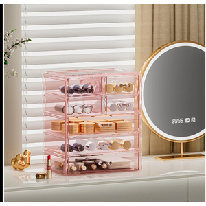 COMVTUPY Acrylic Clear Large Makeup Organizer - Jewelry Holder Organizer, Perfect Make Up Organizers and Storage for Vanity, Bathroom (3 Large, 4 Small Drawers - Purple)