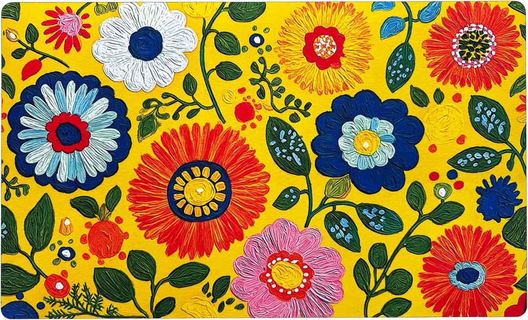 Welcome Mat 17x29 Inch Spring Summer Outdoors Indoors Front Door Mat, Low Profile Doormat for Outside Inside Home Entrance, Non Slip Rubber Back Floor Rugs for Entryway, Yellow Flower