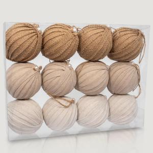 12PCS Neutral Christmas Ornaments Balls Set, 3.15" Jute Burlap & Fabric Hanging Baubles, Rustic Farmhouse Textured Tan Xmas Tree Decorations for Holiday Party Home Decor