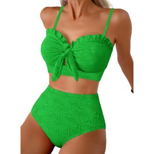 Herseas Womens 2 Piece Bikini Sets Textured High Waisted Tummy Control 2026 Summer Swim Suits Ruffle Supportive Bathing Suit Trendy Green Beach Swimming Essentials Large
