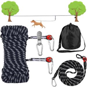 Dog Camping Essentials, Tie Out Cable for Camping,50ft Portable Overhead Trolley System with 10ft Runner Lead for Dogs up to 200lbs,Portable Reflective Dog Lead Line for Yard, Park and Outdoor (Black)