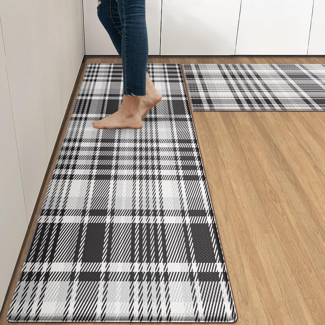 Arttown Black and White Anti-Fatigue Kitchen Rug Set of 2 Plaid Cushioned Floor Standing Mat Waterproof Non-Slip Mat and PVC Ergonomic Comfort Foam Rug (17.3 x 47 inch + 17.3 x 29 in)