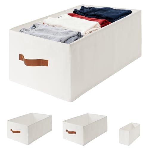 4 Pack Large Oxford Fabric Storage Bins, Sturdy Clothes Storage Organizer Baskets with PU Handles, Closets Organizers and Storage, Foldable White Storage Box with Small Box for Shelf, Clothes, Home