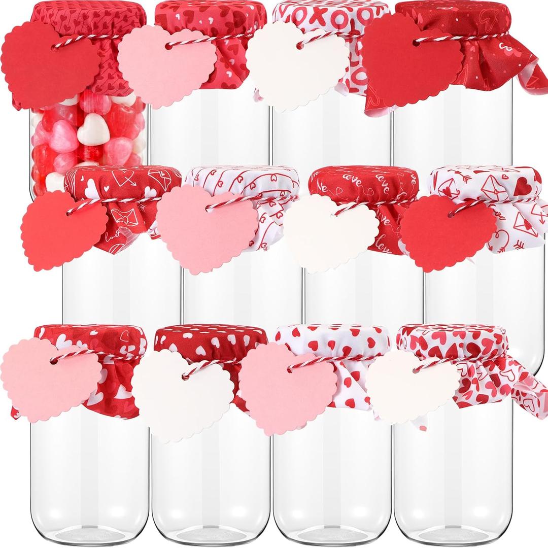 Mimorou 12 Pcs Valentines Mason Jars with Holiday Fabric Topper Tag 15 oz Xmas Refillable Round Jar with Lids Clear Plastic Container for Festive Decor Candy Cookie Storage Crafting Gift Wrapping