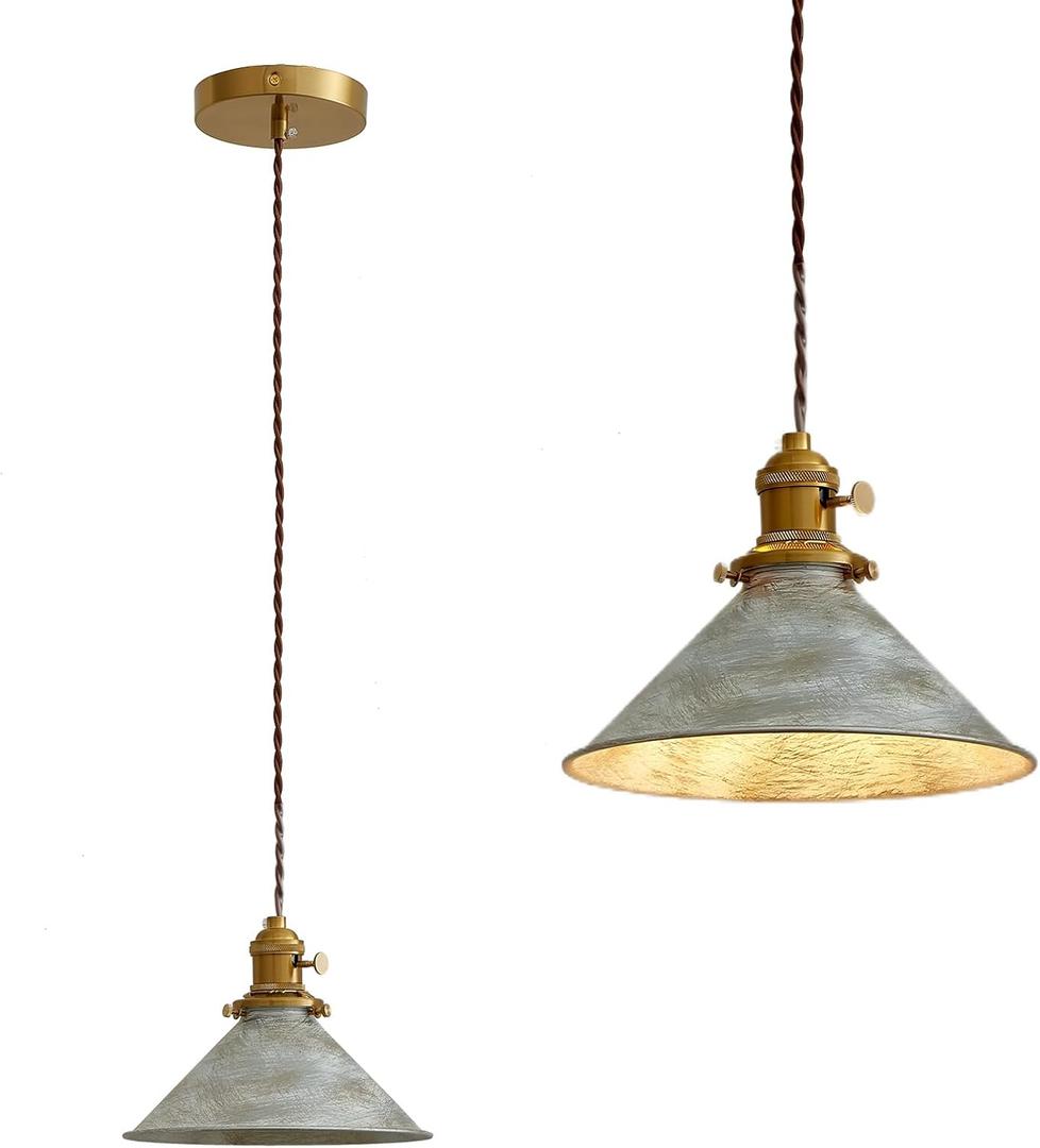 Kitchen Island Pendant Lights 8.2 Inch Industrial Silver Lampshade Farmhouse Pendant Lights Kitchen Island 6.5Ft Adjustable Hanging Kitchen Lights for Living Room and Dininig Room