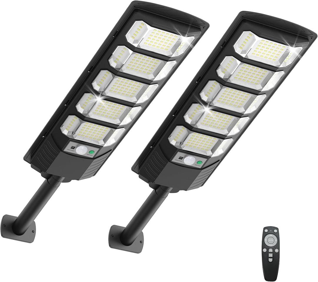 2Pack 6500K Solar Street Lights Outdoor Dusk to Dawn, 240PCS 5730LEDs Solar Light Outdoor IP67Waterfroof, Security Street Lights Motion Sensor with Remote Control for Parking lot, Yard