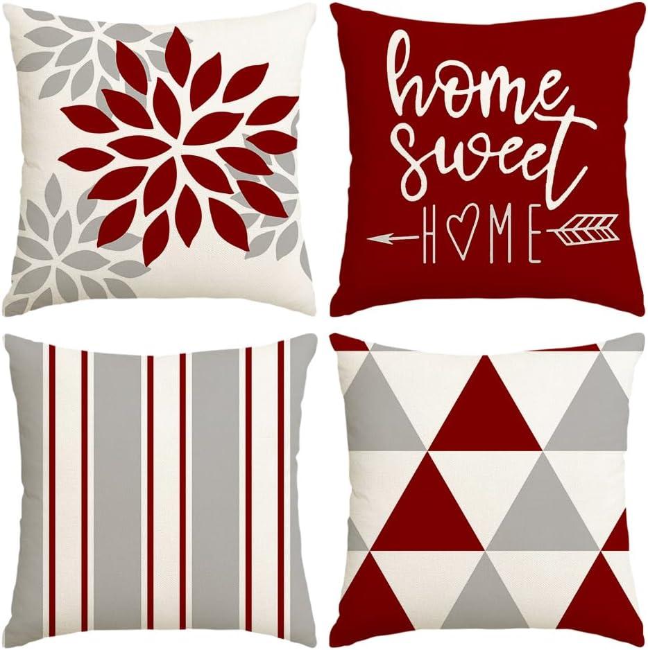 RABUSOFA Pillow Covers 20x20 Set of 4 Home Sweet Home Modern Decorative Throw Cushion Covers Striped Geometric Outdoor Pillow Case for Couch Bed Burgundy Gray