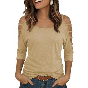 Shirts for Women Cold Shoulder 3/4 Sleeve Cutout Arm Tops Sexy Going Out Casual Y2k Cute Blouse Tops for Daily,L,Beige. Size Large