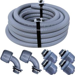 Sealproof 1-1/2 Inch Non-metallic Liquid-Tight Conduit and Connector Kit, 25 Foot Made in USA Flexible Electrical Conduit Type B with 4 Straight and 2 90-Degree Conduit Connector Fittings, 1.5" Dia
