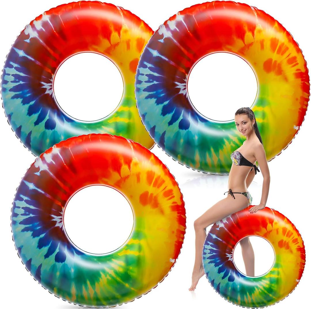 Simgoing Jumbo Inflatable Pool Floats Rings, Tie Dye Tube Float 47.24 Inch Large Colorful Adult Floaties Rainbow Swimming Ring Water Floaty Toy for Adult Summer Pool Beach Party Supplies