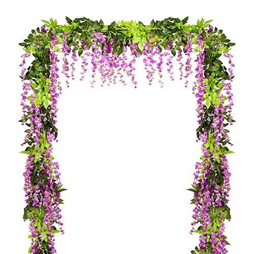Lvydec Wisteria Artificial Flowers Garland, 4 Pcs Total 28.8ft Artificial Wisteria Vine Silk Hanging Flower for Home Garden Outdoor Ceremony Wedding Arch Floral Decor (Purplish Red)