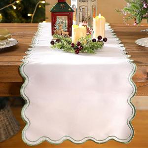Scalloped Edge Table Runner 70 Inches Preppy Embroidery Edge Table Runner Cute Neutral Rustic Dining Decor for Kitchen(Sage Green,White)