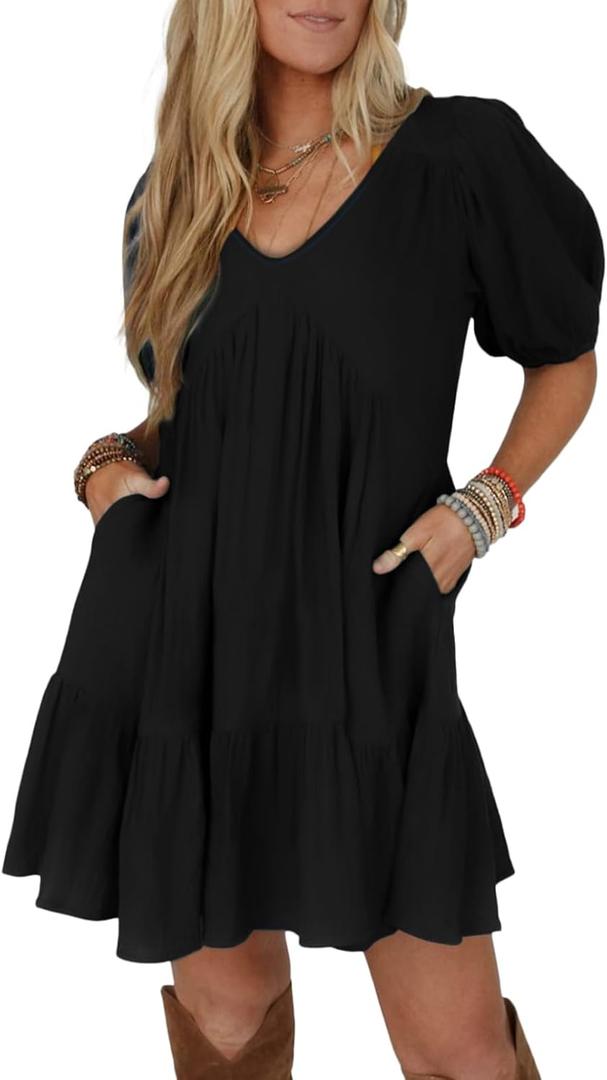 Acelitt Women's Summer Dresses 2025 Beach Casual Deep V Neck Loose Sundress Short Sleeve Mini Dress (Medium, Black)