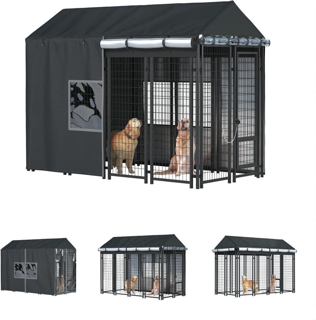 Outdoor Dog Kennel Cover Full Coverage for 8'Dx4'Wx6'H Cages,600d Heavy Duty Waterproof Large Kennel Covers,(Cover Only) Black